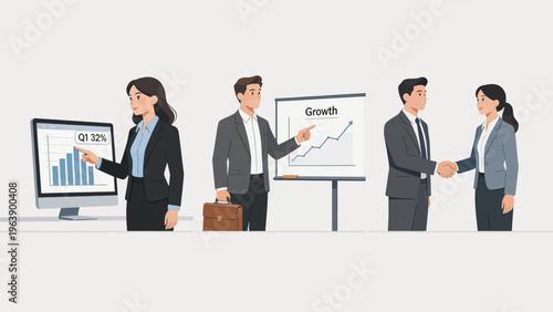 Business professionals presenting and shaking hands