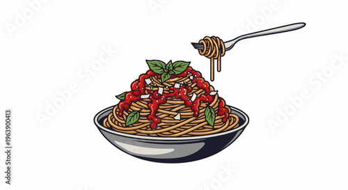 A fork lifts a strand of spaghetti topped with sauce and herbs
