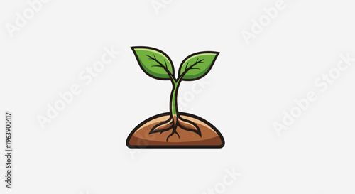 A green sprout with two leaves emerges from brown soil with roots