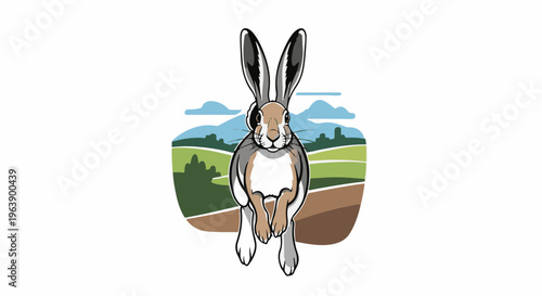 A hare in motion across a green and brown field with distant buildings