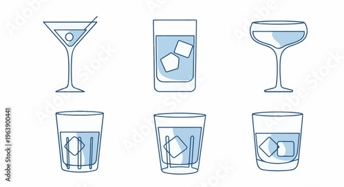 A collection of six stylized drinks with ice cubes and garnishes