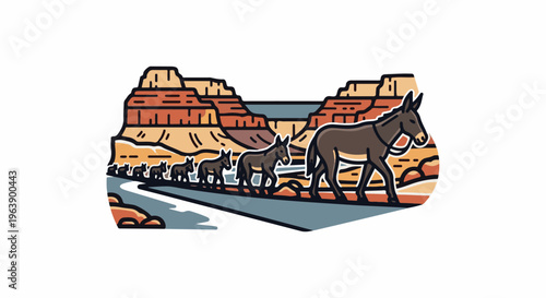 A line of mules walk along a path with a canyon and river in the background