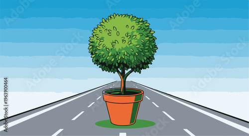 A green tree in a pot stands centered on a road with a blue sky backdrop