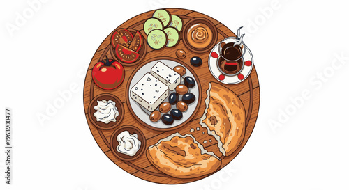 A flat illustration of a round Turkish breakfast spread with cheese