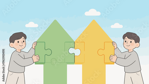 Two people assembling puzzle houses