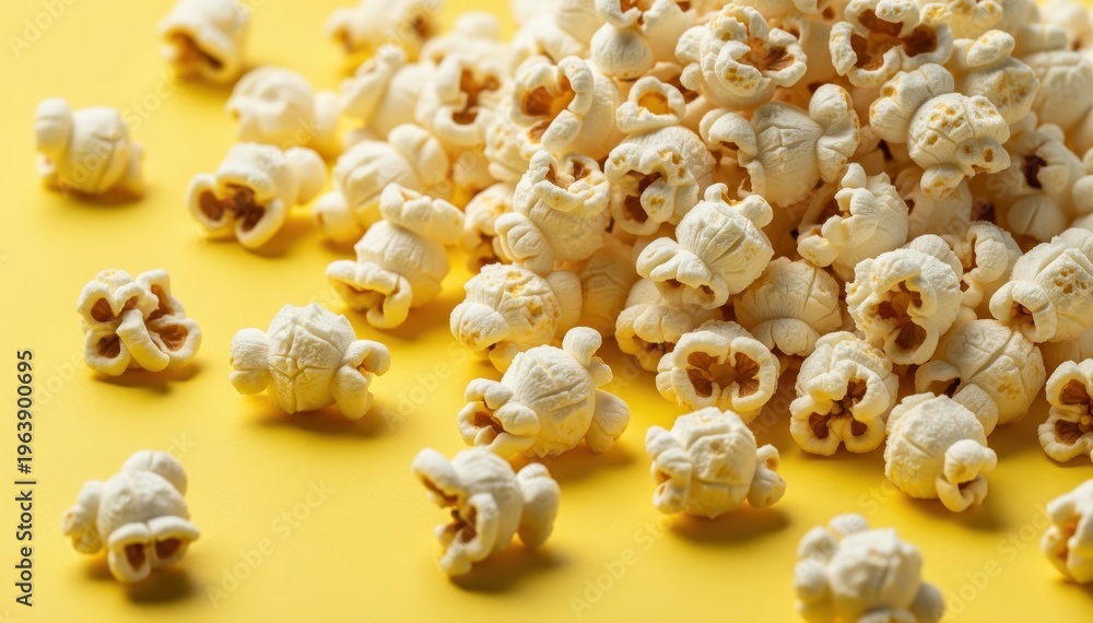 Obraz premium Popcorn Delight: A close-up shot of a pile of freshly popped popcorn on a vibrant yellow backdrop, showcasing the fluffy texture and golden-brown hue of the savory snack.