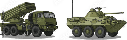 Military armored vehicle and rocket launcher truck army combat equipment defense technology war transport vector illustration