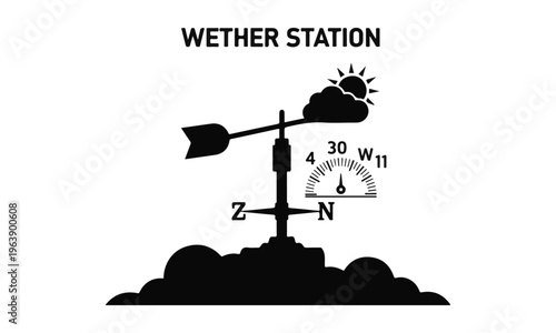 Minimalist Black Vector Weather Station Icon with Weathervane, Sun Cloud Symbol, and 'WETHER STATION' text isolated on white.