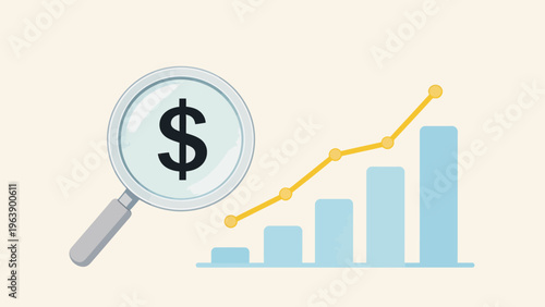 Magnifying glass over dollar sign and bar chart