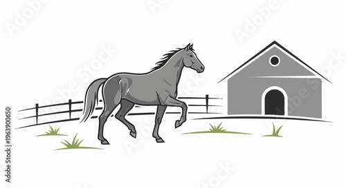 A grey horse walks near a barn with a fence and grass