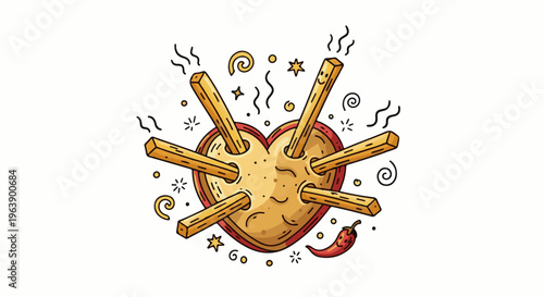 A heart-shaped cookie pierced by french fries with a chili pepper