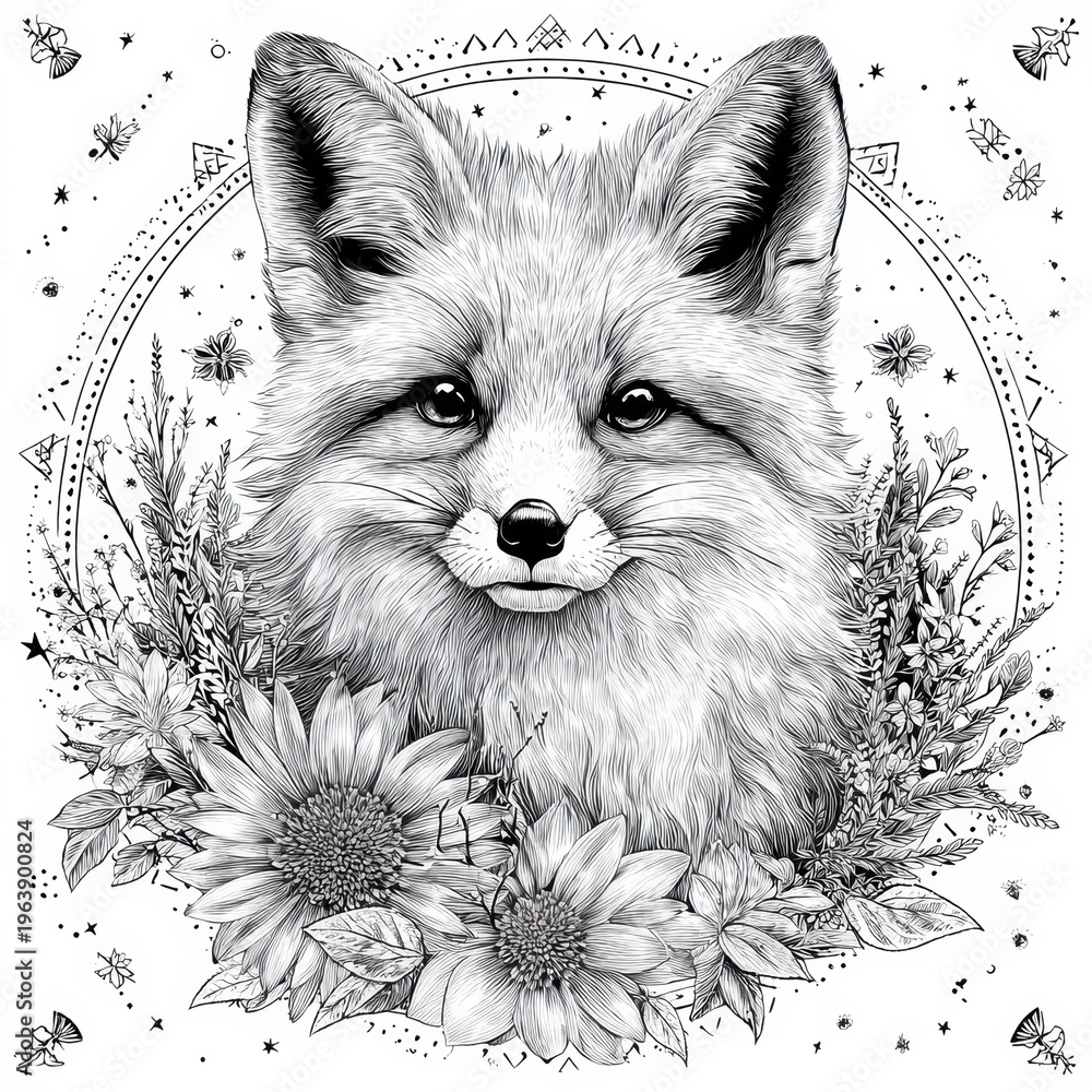Fototapeta premium Doodle Illustration Features a Fox Portrait Surrounded by Flowers, Stars, and Geometric Patterns in Black Ink on White Paper
