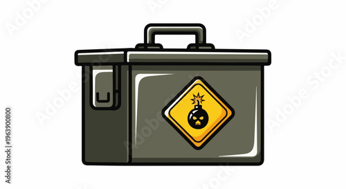 A grey toolbox with a yellow caution sign displaying a bomb icon on its side