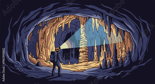 A lone explorer illuminates a colossal stalagmite in a vast, dark cave