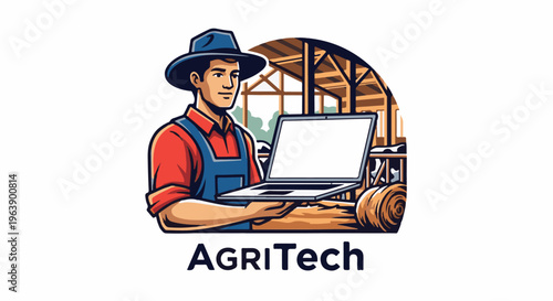 A farmer in overalls and hat uses a laptop in a barn