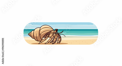 A hermit crab with a large shell walks on a sandy beach by the ocean