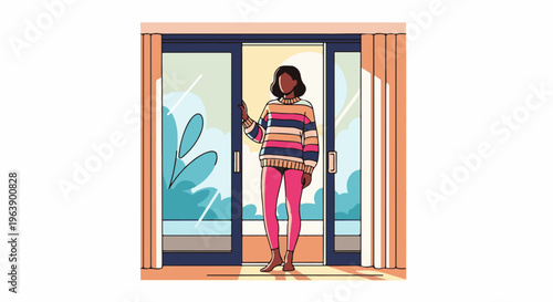 A person in a striped sweater and pink leggings stands at a sliding glass door
