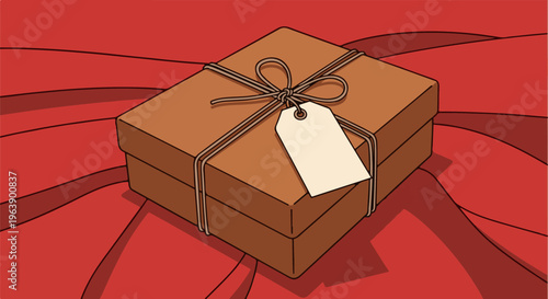 A brown gift box tied with string on a vibrant red surface