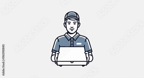 A person in a uniform holds a white box, symbolizing delivery