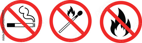 no smoking no fire signs, prohibition symbols set, safety warning icons, red circle ban signs, hazard prevention labels, vector illustration collection