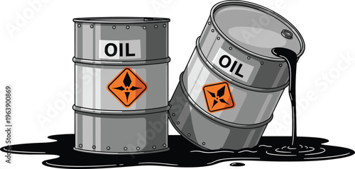Oil barrels leaking toxic liquid, environmental pollution concept, industrial hazard, petroleum spill, fuel drums, contamination risk, ecological damage, vector illustration design