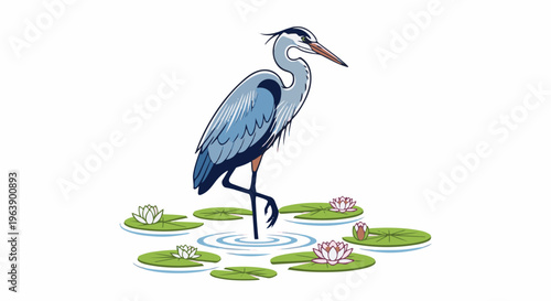 A heron stands on one leg amidst lily pads and flowers in water