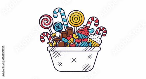 A festive assortment of colorful candies, lollipops, cupcakes, and chocolates
