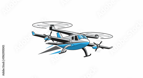 A futuristic blue and white twin-rotor aircraft hovers against a white background