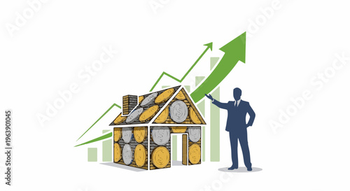 A house constructed from coins with a growing graph and a silhouette of a businessman