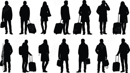 Travelers with luggage silhouette collection, people standing with suitcase and travel bags, airport passenger vector illustration isolated set