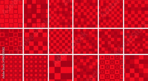 A grid of red squares with varied patterns and sizes