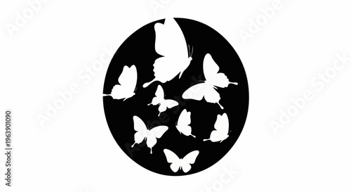 A collection of white butterflies silhouetted against a black circle