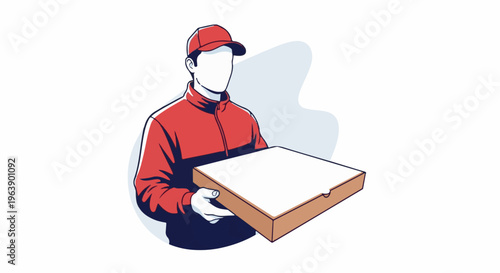 A person in a red jacket and cap holds a pizza box