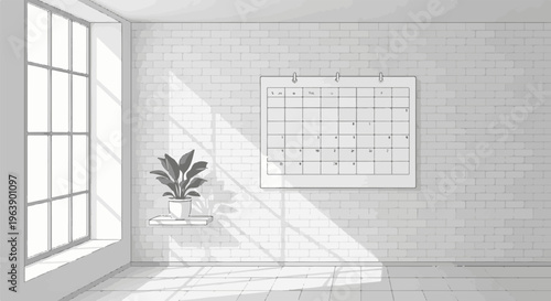 A minimalist room with a large window, a plant, and a calendar on a brick wall