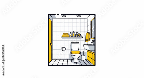 A minimalist yellow and white bathroom with a toilet, sink, and shelving