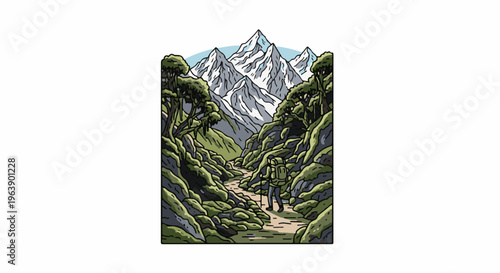 A lone hiker traverses a rocky, verdant mountain trail towards snow-capped peaks