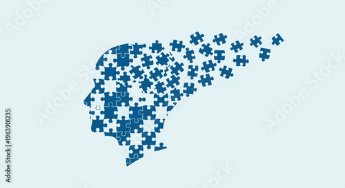 A human head profile is formed from scattered dark blue puzzle pieces