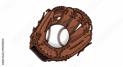 A brown baseball glove cradles a white ball