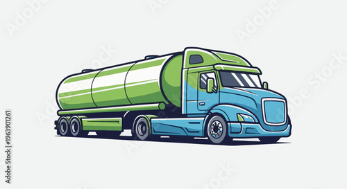 A blue and green tanker truck with a large cylindrical cargo container