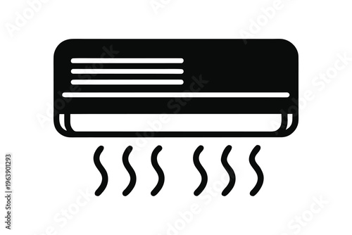 Black and white icon representing a wall-mounted air conditioning unit emitting cool air with wavy lines, conveying climate control and comfort, graphic represents climate control, ventilation, and
