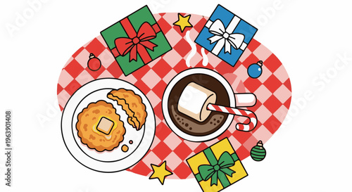 A festive holiday spread of hot chocolate, pancakes, and gifts