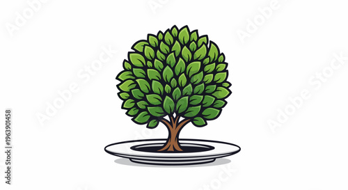 A lush green tree sits on a white plate, symbolizing nature and nourishment