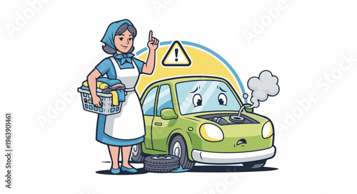 A maid with laundry basket and a broken down car with smoke from engine