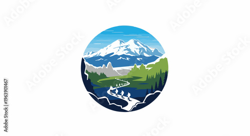 A group of hikers trek along a winding path toward snow-capped mountains