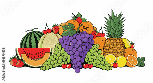 A colorful assortment of fresh, ripe fruits including grapes and watermelon