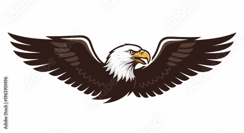 A majestic bald eagle with dark brown wings spread wide, white head