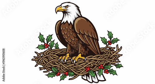 A majestic eagle perches in a nest adorned with holly leaves and berries