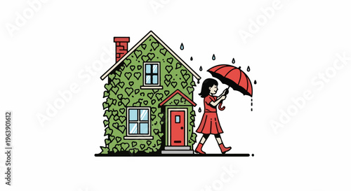 A girl with an umbrella walks by a house covered in green heart-shaped leaves in rain