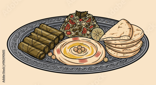 A festive platter of Middle Eastern cuisine with dolmades, hummus, and flatbread