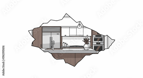 A modern kitchen interior with a refrigerator, oven, and sink